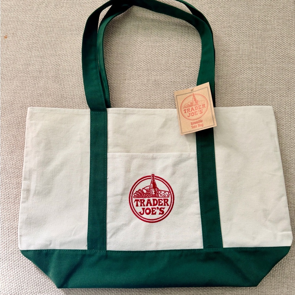 Trader Joe's Green and White Canvas Tote Bag